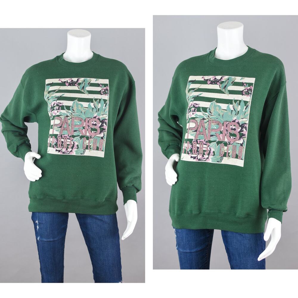 Vintage 90s Distressed Green Paris Souvenir Sweatshirt, Women's Medium - Large